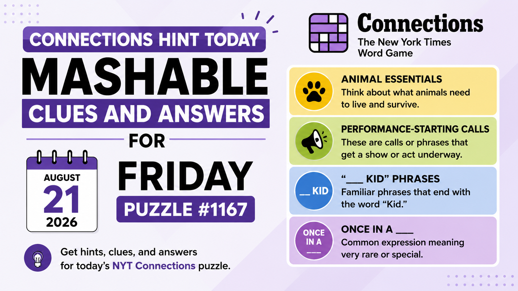 Connections Hint Today Mashable | Clues and Answers for August 21, 2026
