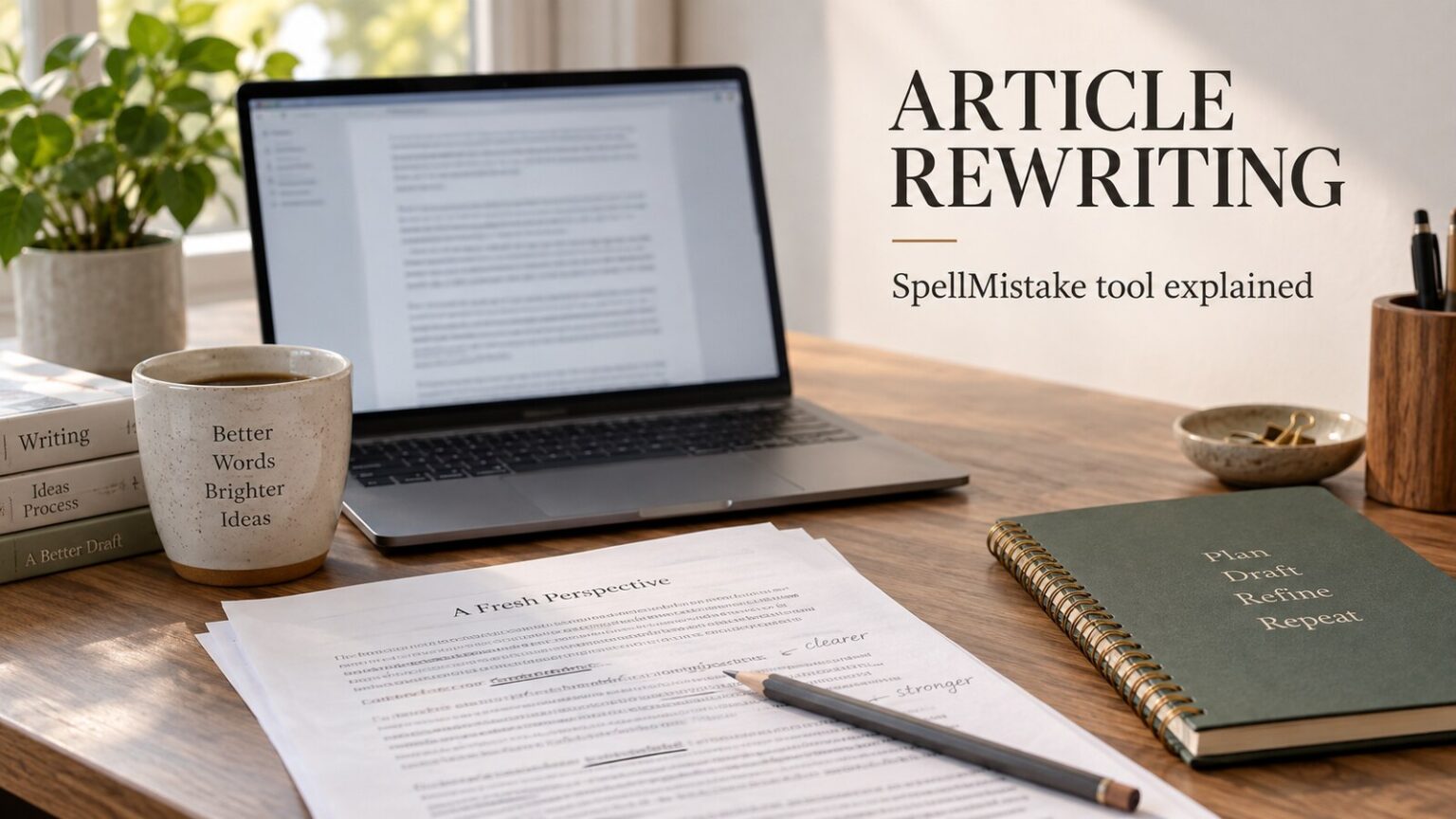 article rewriter tool by spellmistake explained Illustrative writing desk for the article rewriter tool by spellmistake