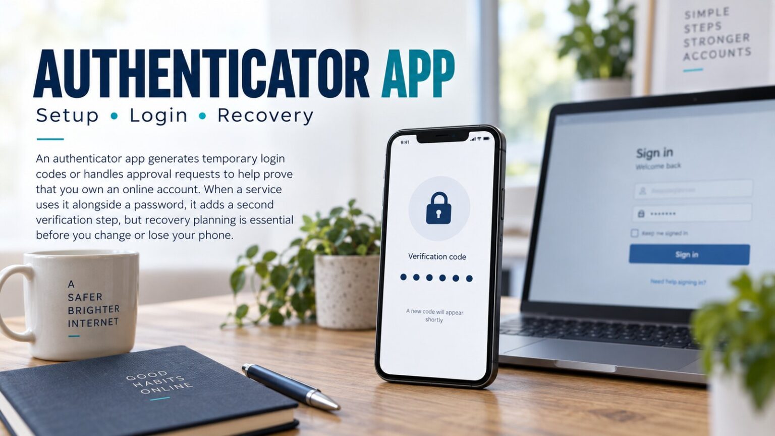 How an authenticator app works and how to set one up Illustration of an authenticator app on a smartphone beside a laptop sign-in screen