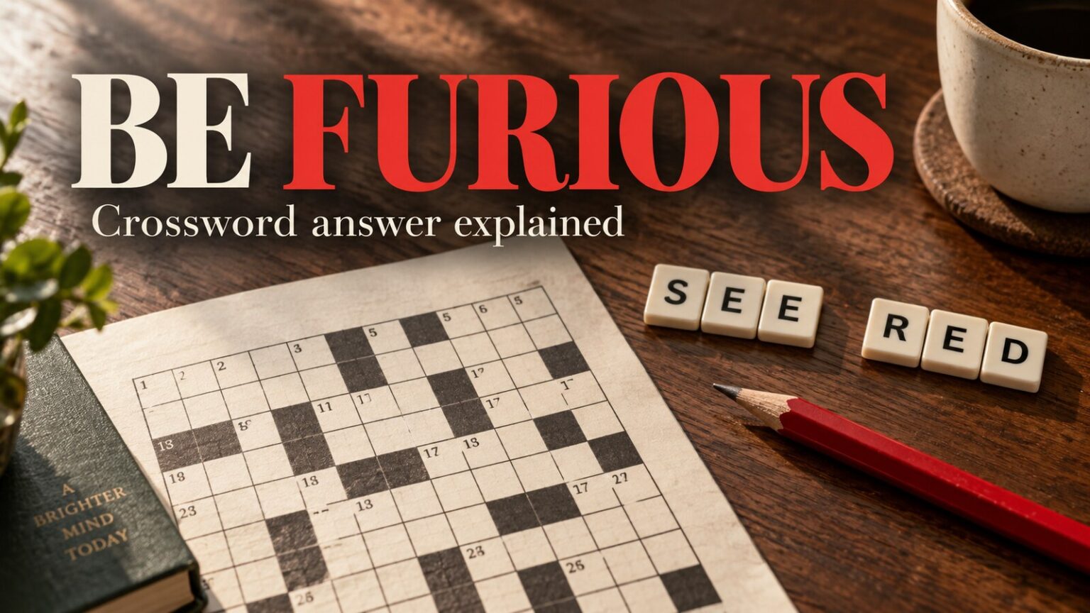 be furious nyt crossword answer and why SEE RED fits SEE RED letter tiles beside a crossword and red pencil for the be furious clue