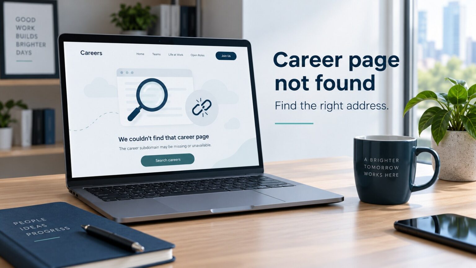 keine karriere-subdomain gefunden: Meaning and Safe Fixes Laptop illustrating keine karriere-subdomain gefunden with a career-page search and disconnected-link symbol