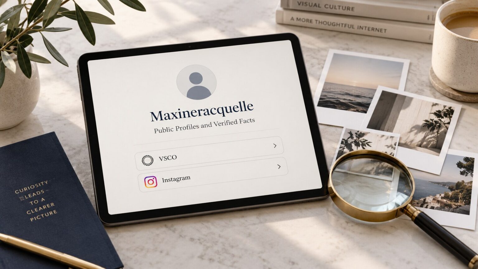 Maxineracquelle editorial illustration of a neutral social profile card and magnifying glass