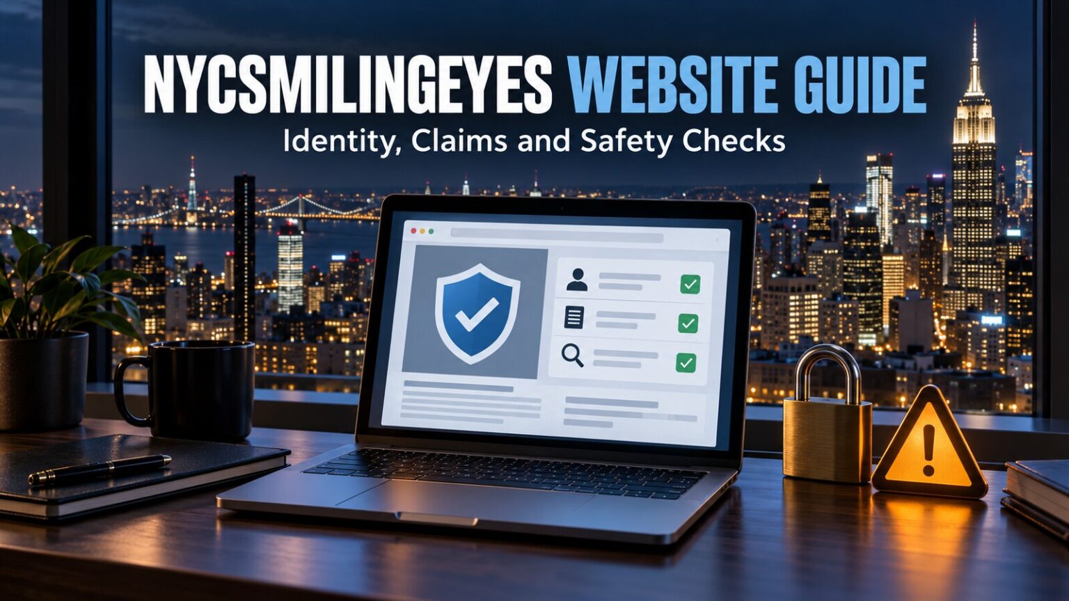 nycsmilingeyes: What the Website Is and Safety Checks NYCSmilingEyes website guide with a laptop, identity checklist, privacy shield and New York skyline