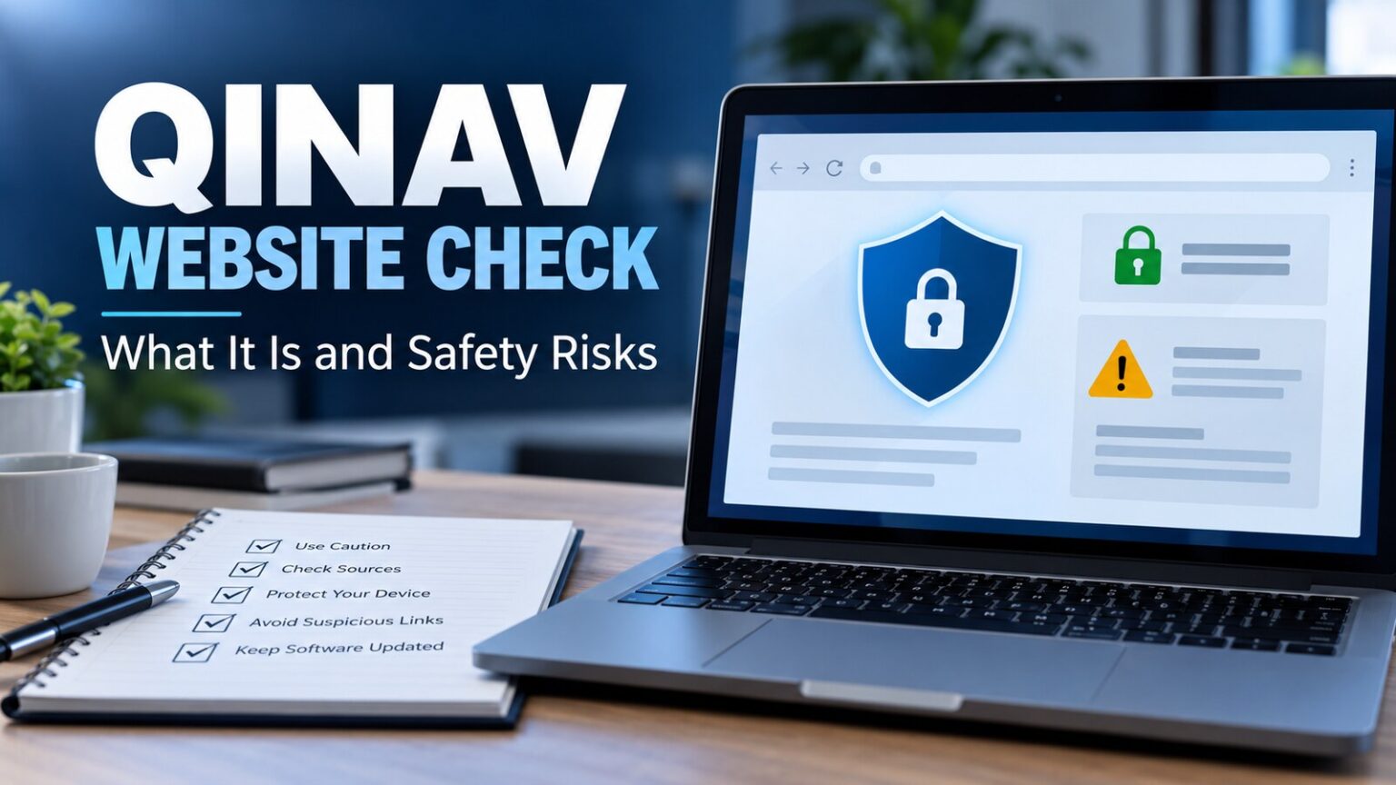 Qinav website safety check with a laptop, privacy shield, padlock and warning symbol