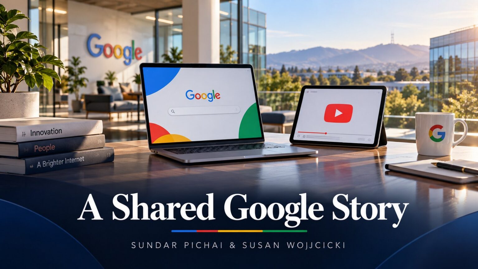 Conceptual Google and YouTube illustration for Sundar Pichai and Susan Wojcicki’s working relationship