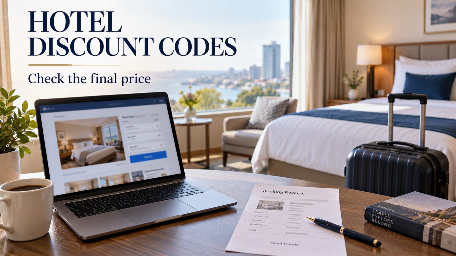 ttweakhotel discount codes and how to verify a hotel deal Hotel room with laptop and receipt illustrating checks for ttweakhotel discount codes