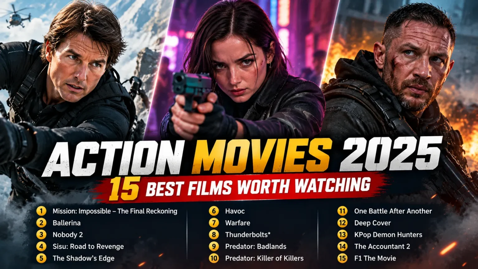 Action Movies 2025 featuring cinematic visuals inspired by Mission: Impossible, Ballerina, and Havoc, with a list of 15 best action films worth watching.