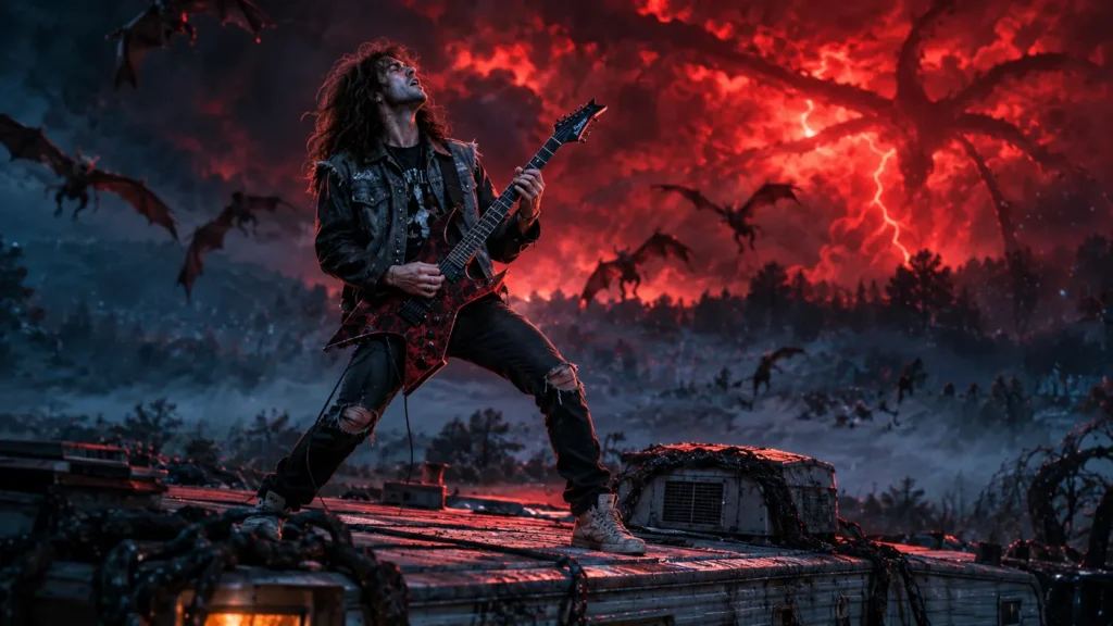 AI-generated image of Eddie Munson playing an electric guitar in the Upside Down, surrounded by red lightning and flying Demobats.
