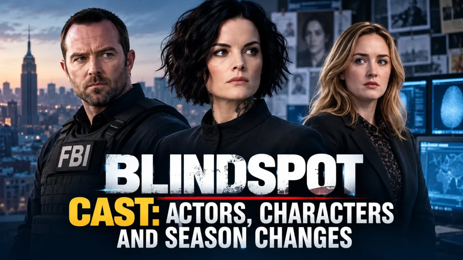 Blindspot Cast: Actors, Characters and Season Changes AI-generated editorial illustration of the Blindspot cast, featuring Jane Doe, Kurt Weller, and Patterson in an FBI investigation setting.