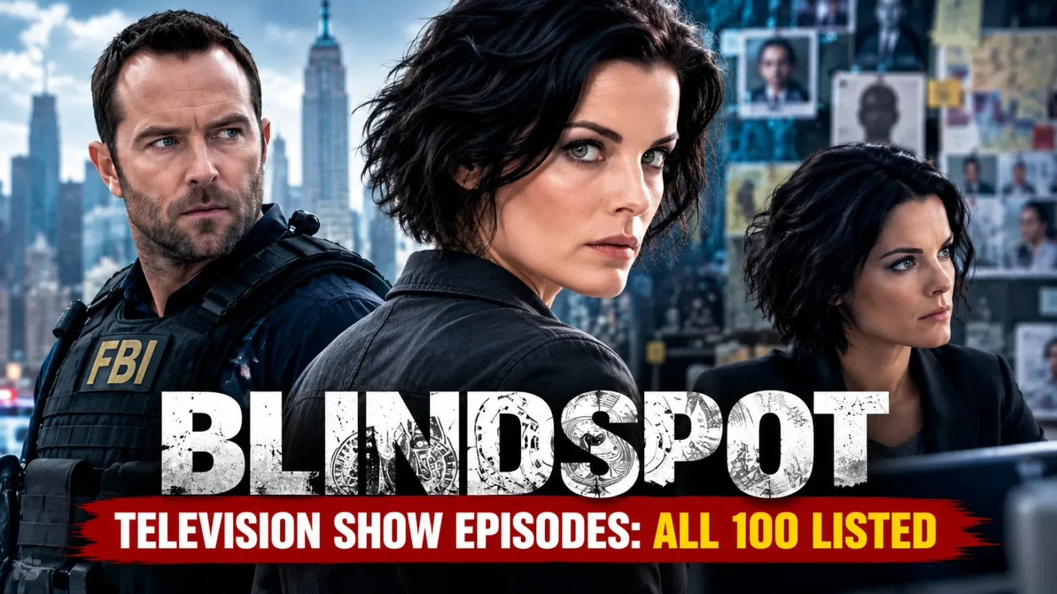 Blindspot Television Show Episodes: All 100 Listed Blindspot television show episodes guide featuring Jane Doe, Kurt Weller, and FBI investigation scenes.