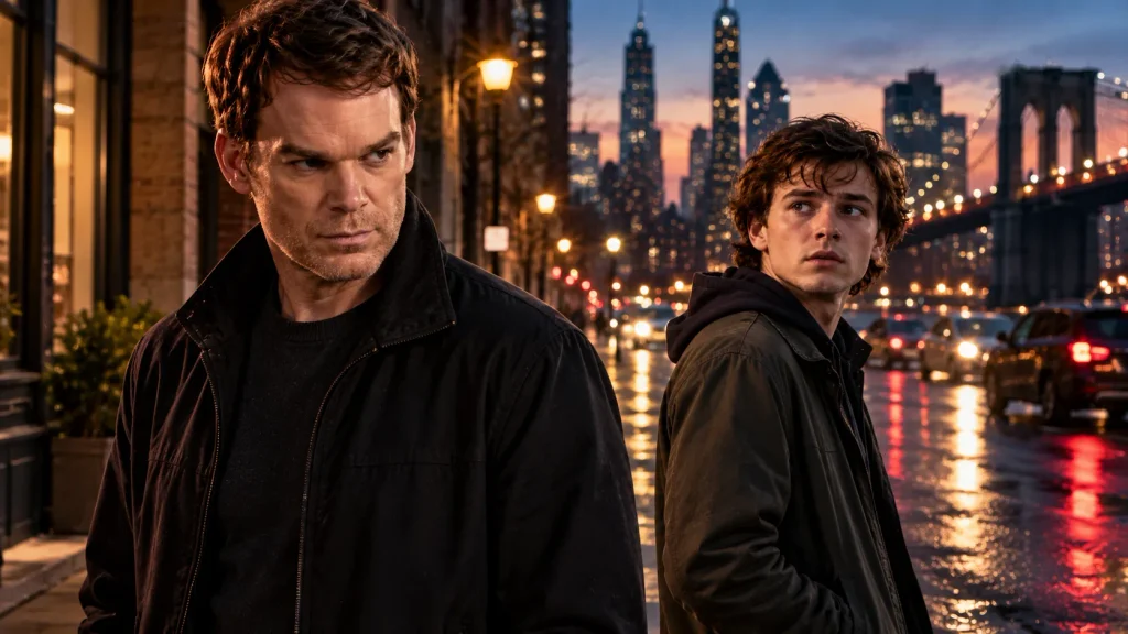 AI-generated illustration of Dexter Morgan and Harrison Morgan standing apart on a New York City street at dusk in Dexter: Resurrection.