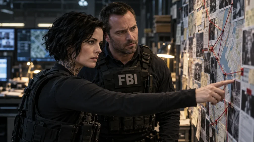 AI-generated illustration of Jane Doe and Kurt Weller investigating clues on an FBI evidence board in Blindspot.