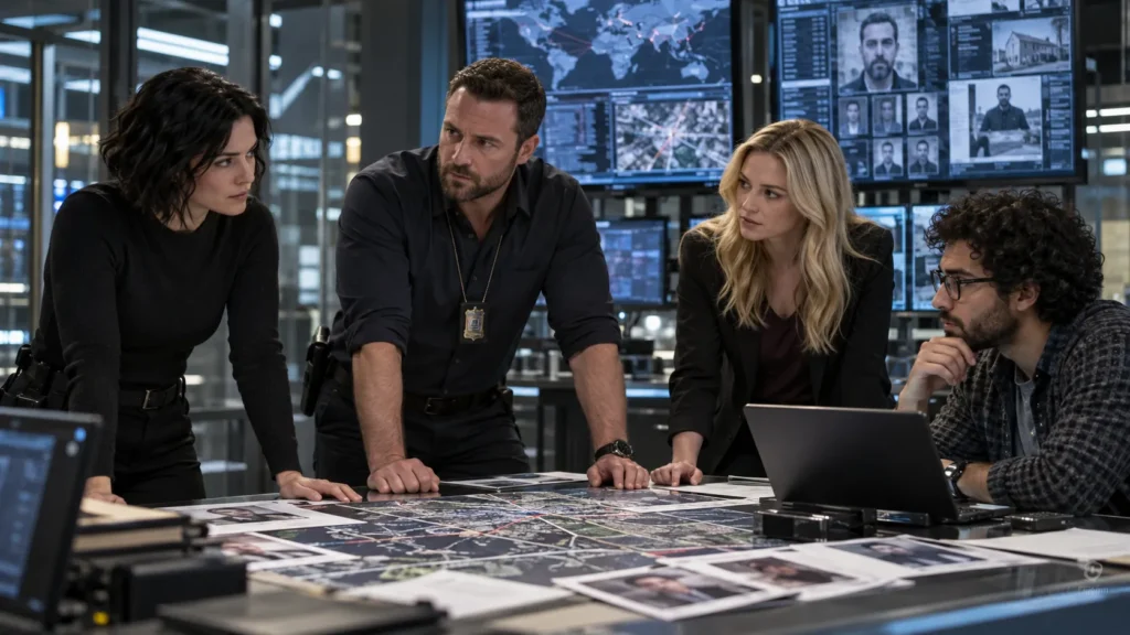 AI-generated illustration of an FBI investigation team reviewing evidence, maps, and digital intelligence inside a briefing room.