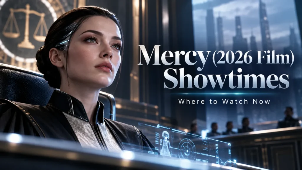 Mercy (2026 film) showtimes with a futuristic AI judge inspired by Rebecca Ferguson's character.
