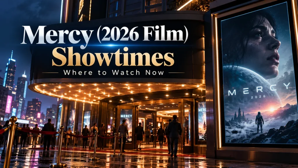 Mercy (2026 film) showtimes illustrated with a modern movie theater entrance and cinematic promotional display.
