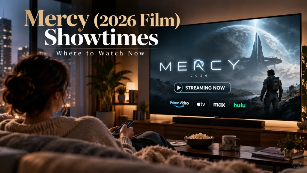 Mercy (2026 film) streaming availability illustrated with a viewer watching a science-fiction movie at home.