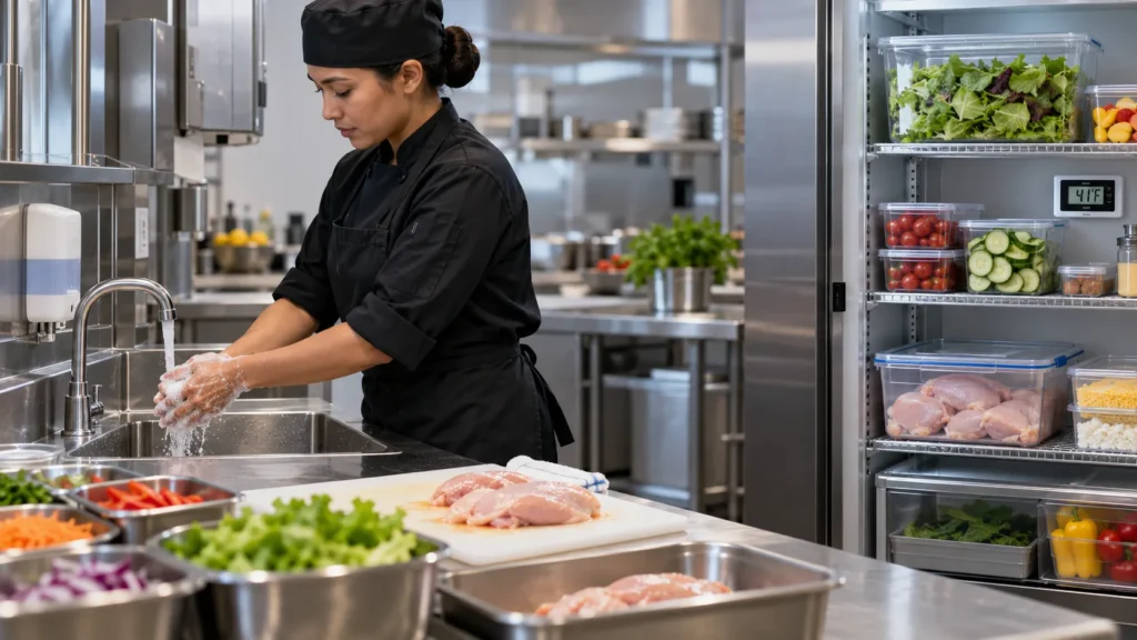 Food handler washing hands in a professional kitchen with properly stored food in a refrigerator.