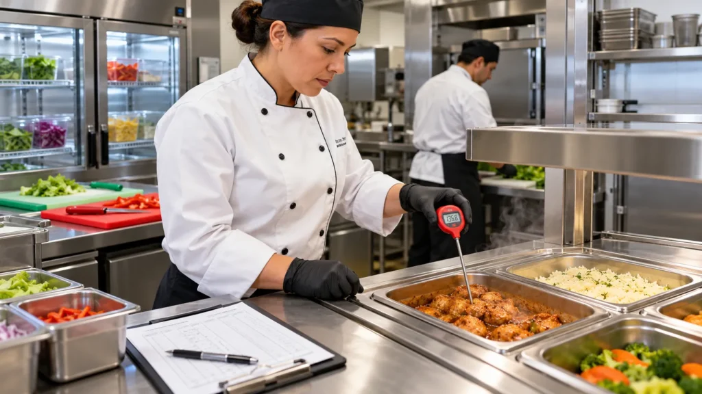 Female chef checking food temperature with a thermometer in a commercial kitchen.