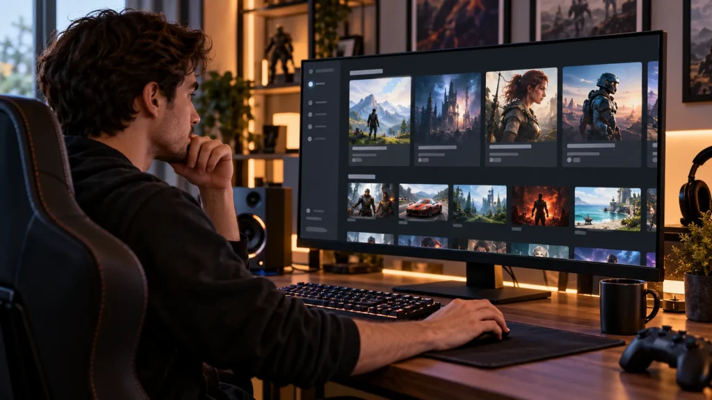 Gamer exploring video game recommendations and comparing similar games on a desktop monitor.