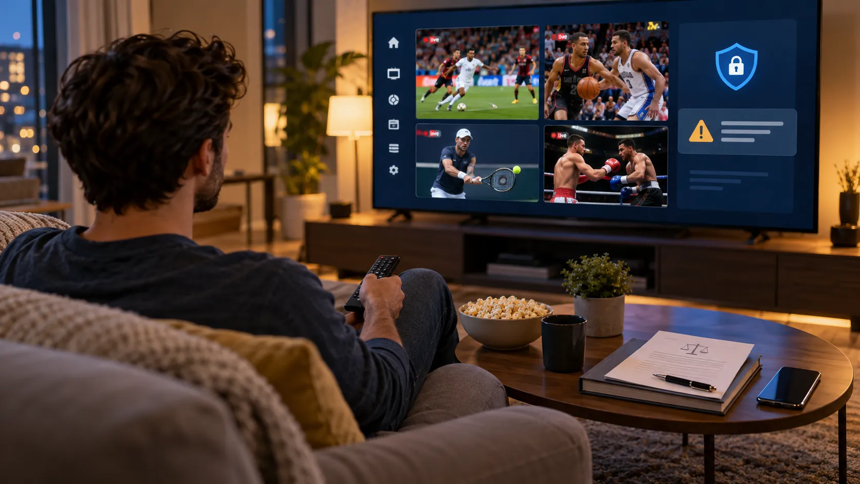 Man watching live football, basketball, tennis, and boxing streams on a smart TV, with security warning icons illustrating VIPStand streaming safety and legality concerns.