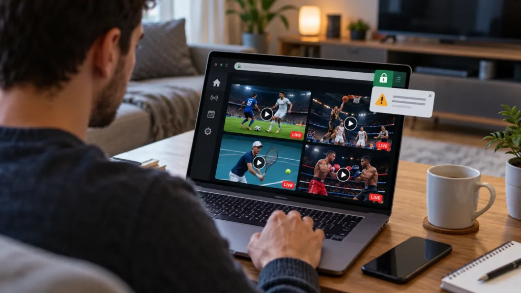 Person browsing live football, basketball, tennis, and boxing streams on a laptop, with security alerts highlighting potential VIPStand streaming safety risks.