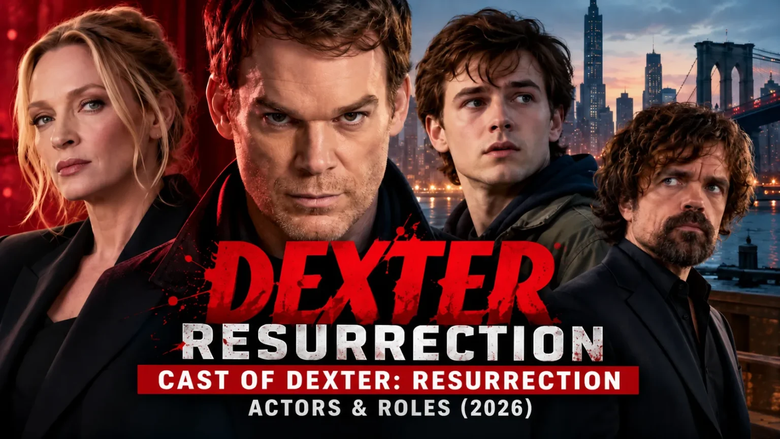 AI-generated editorial artwork featuring the main cast of Dexter: Resurrection, including Michael C. Hall, Jack Alcott, Uma Thurman, and Peter Dinklage.