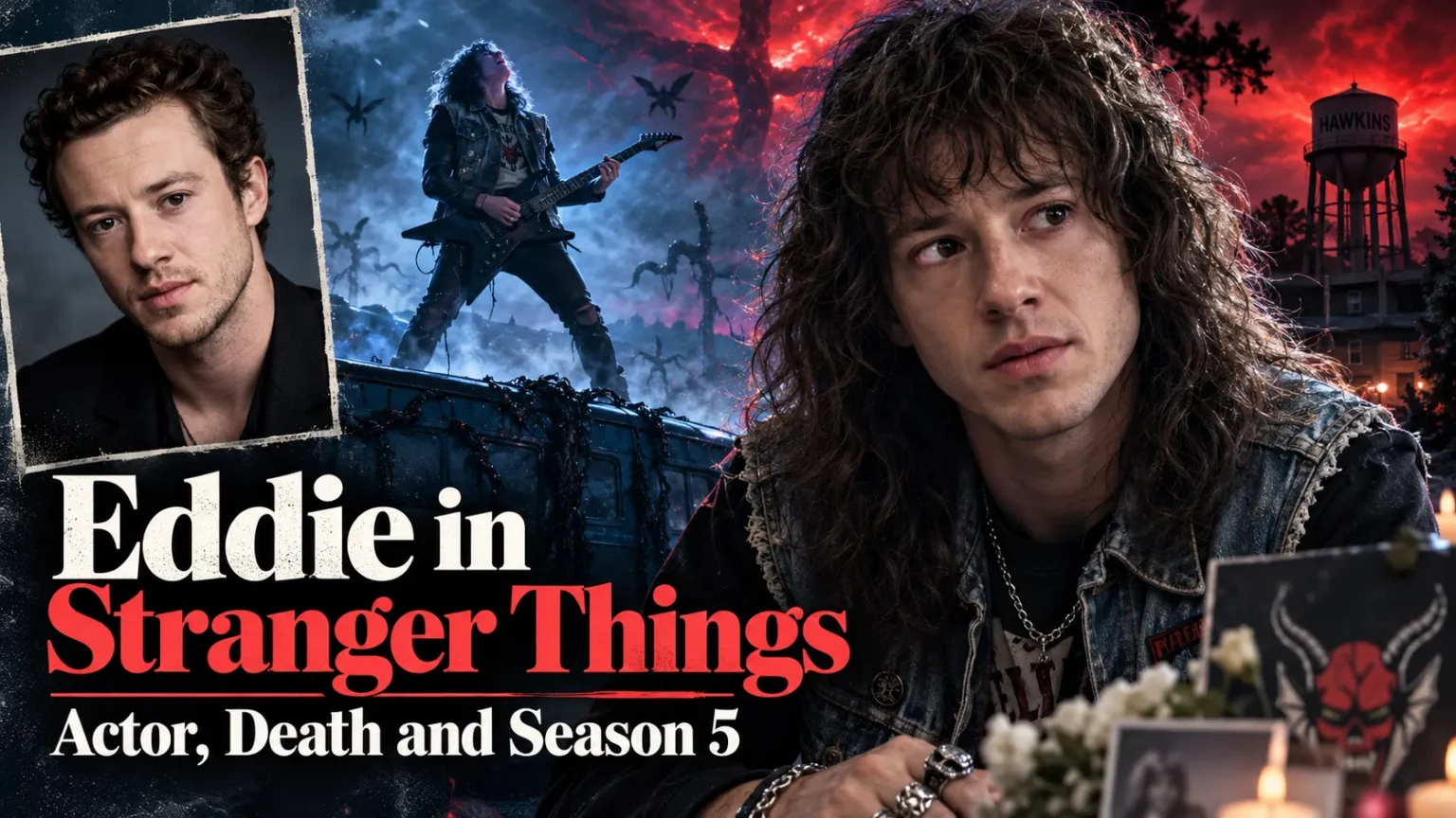 Eddie in Stranger Things: Actor, Death and Season 5 AI-generated editorial image of Eddie Munson, Joseph Quinn, and Eddie’s guitar performance in Stranger Things.