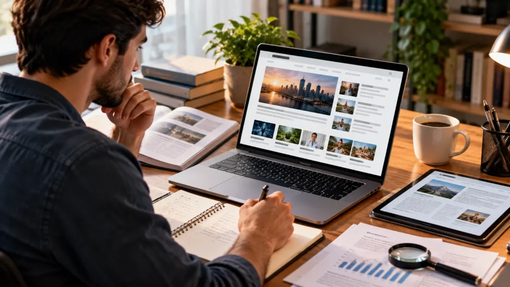 Person reviewing online articles on a laptop while checking research notes, documents, and other sources.