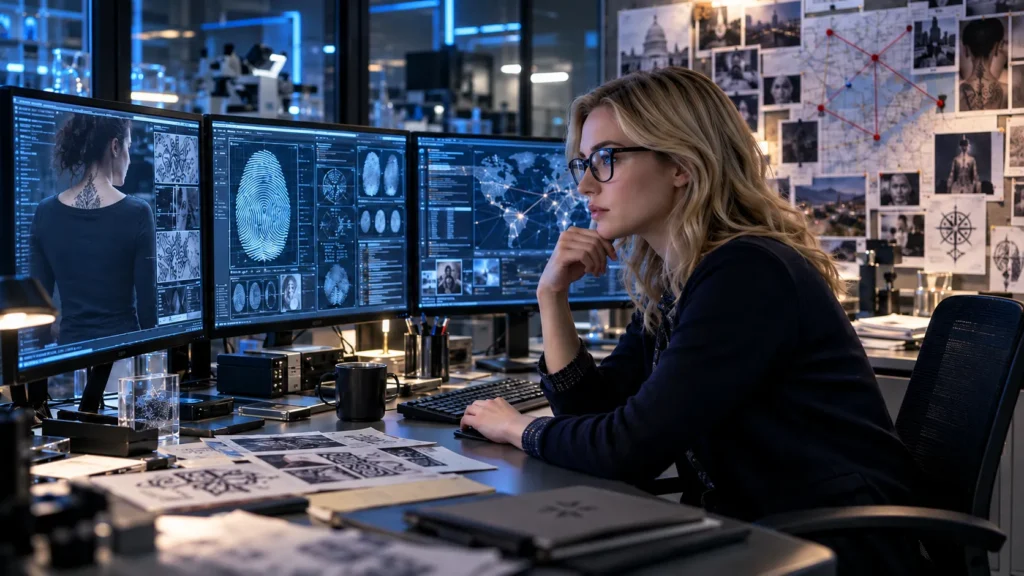 AI-generated illustration of a Blindspot forensic analyst examining Jane Doe's tattoos, fingerprints, and digital evidence on computer screens.