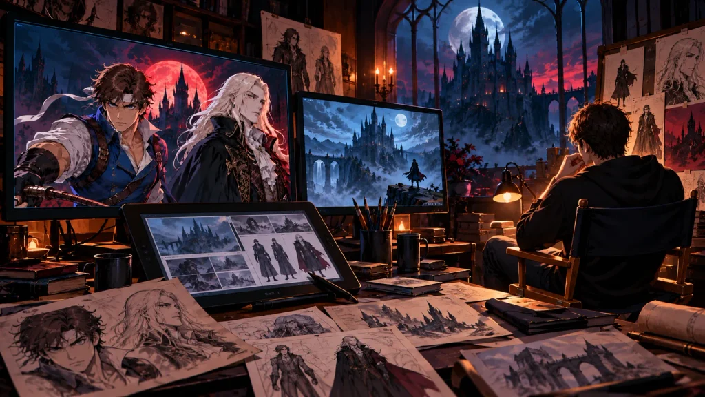 AI-generated illustration of an animator sitting in a studio reviewing Castlevania Nocturne character artwork and storyboards.