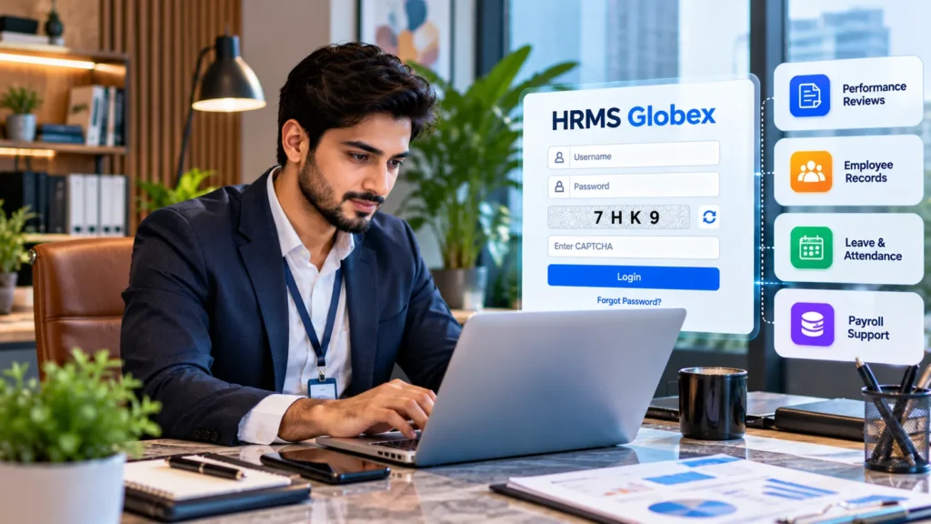 Male employee accessing HRMS Globex login portal and HR management features.