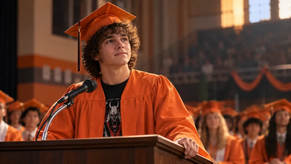 AI-generated image of Dustin Henderson wearing an orange graduation gown and honoring Eddie Munson in Stranger Things Season 5.