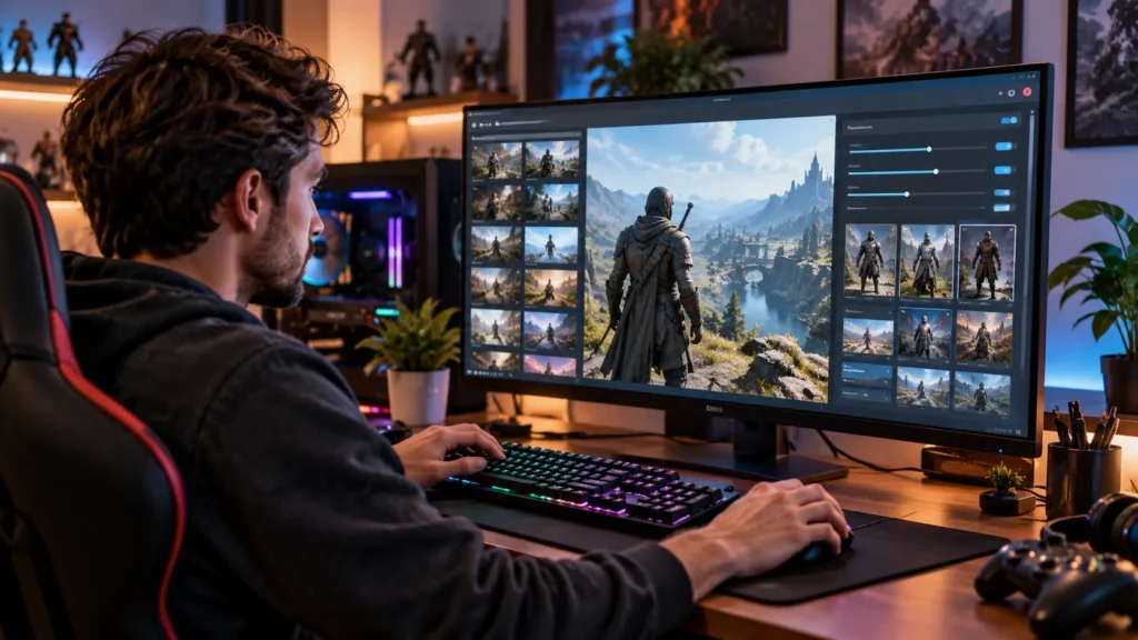 PC gamer adjusting game mods, graphics settings, and character customization on a gaming monitor.