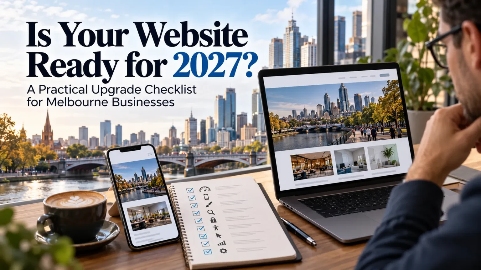 Website upgrade checklist for 2027 featuring Melbourne skyline, laptop, mobile website, and web design planning.