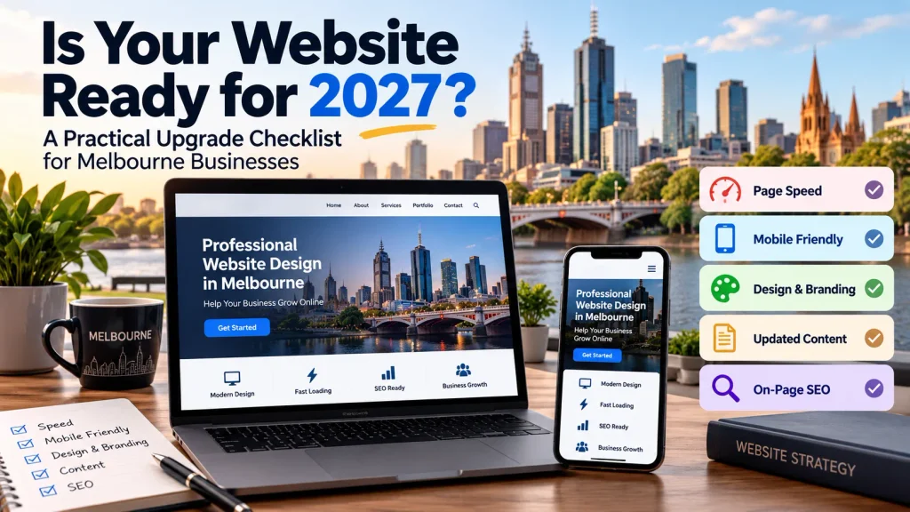 Melbourne website design upgrade checklist featuring page speed, mobile-friendly design, branding, updated content, and SEO.