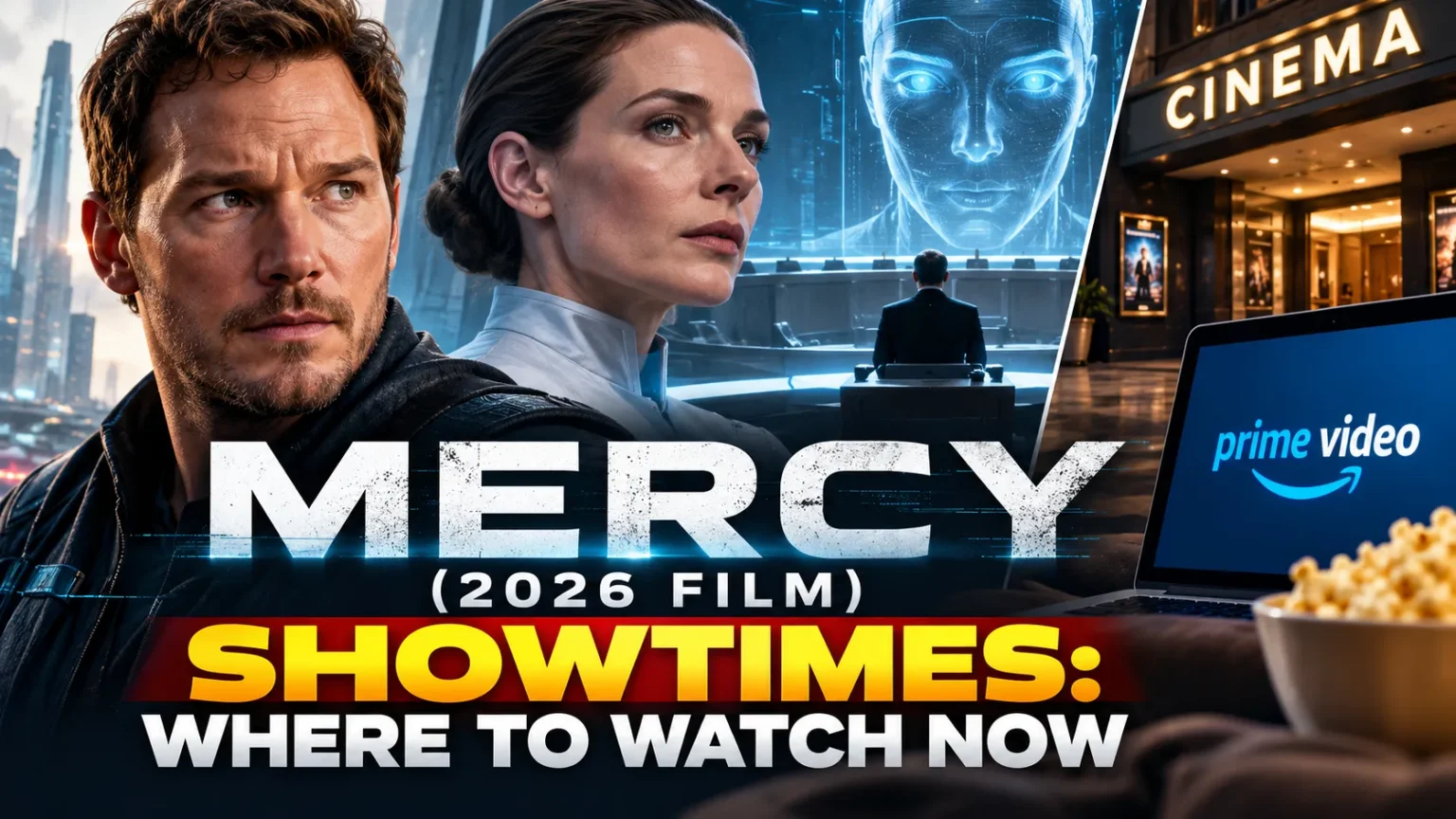 Mercy (2026 film) showtimes featuring Chris Pratt, Rebecca Ferguson, a futuristic AI courtroom, cinema, and Prime Video streaming.