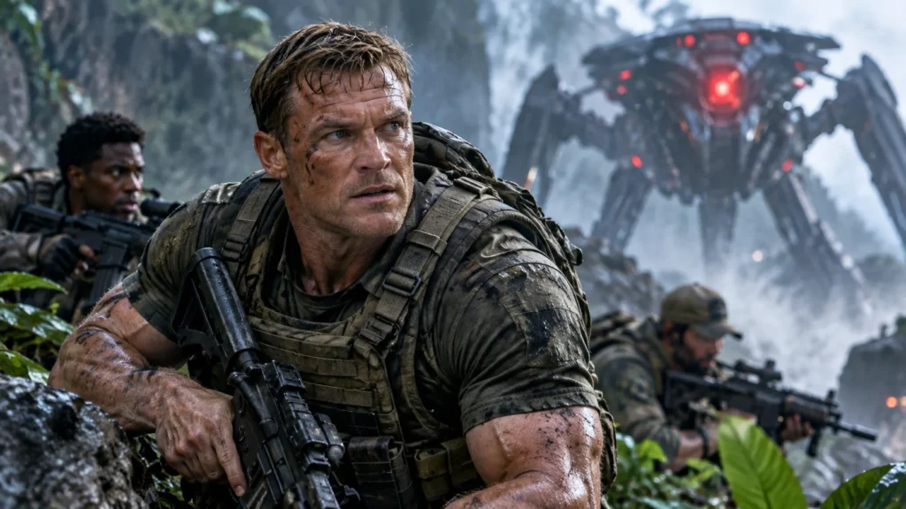 AI-generated cinematic illustration inspired by War Machine (2026), showing military soldiers facing a giant alien war machine in a dangerous jungle battlefield.