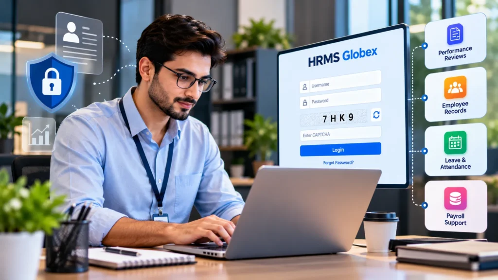 Male employee using HRMS Globex login portal to access HR services and employee records.