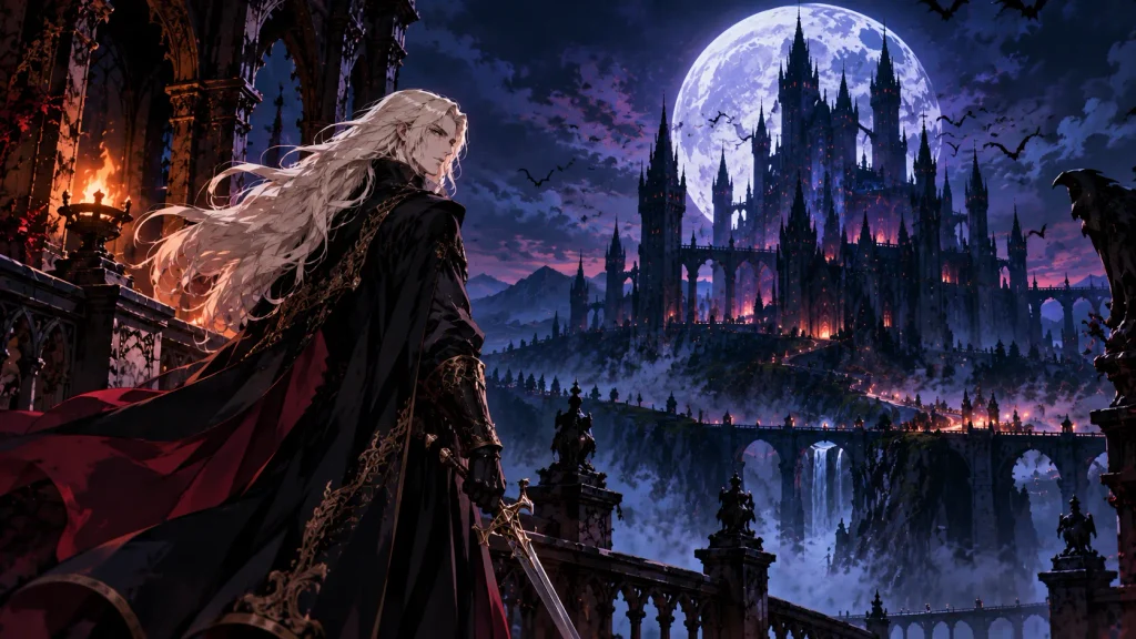 AI-generated illustration of Alucard overlooking a moonlit gothic castle, inspired by Castlevania: Symphony of the Night.
