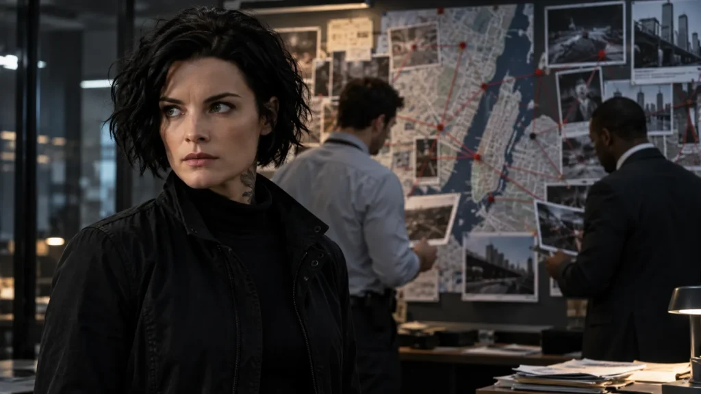 Blindspot-inspired female investigator standing inside an FBI investigation room with a crime evidence board.