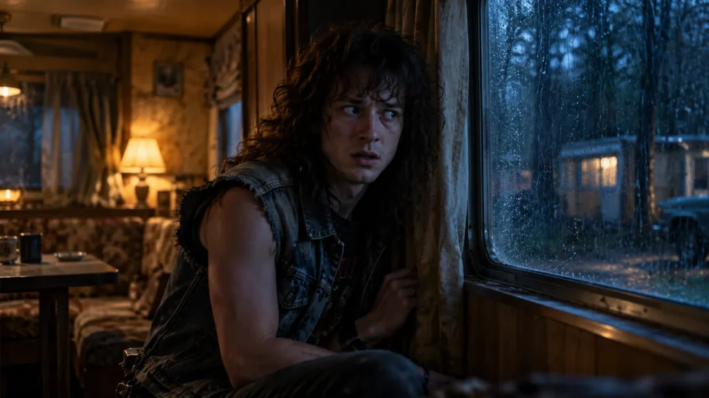 AI-generated editorial image of Eddie Munson anxiously looking out from inside a dimly lit trailer in Stranger Things.