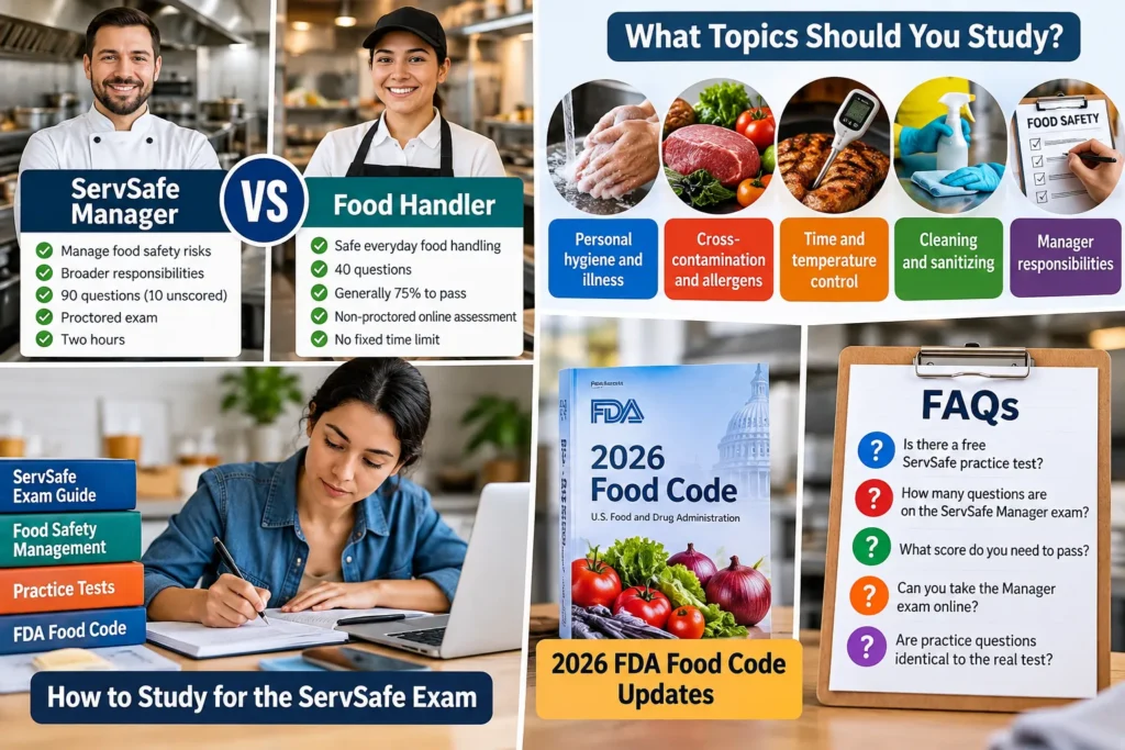 ServSafe Manager and Food Handler comparison with food safety study topics, exam preparation, FDA Food Code 2026, and FAQs.