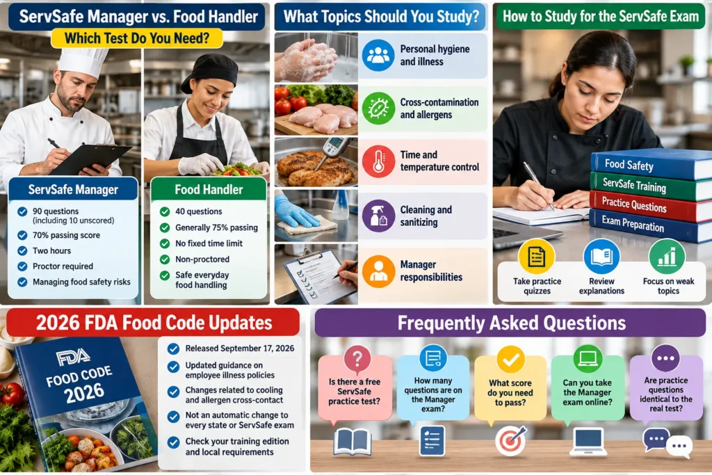 ServSafe Manager and Food Handler exam comparison, food safety topics, study tips, and FDA Food Code 2026.