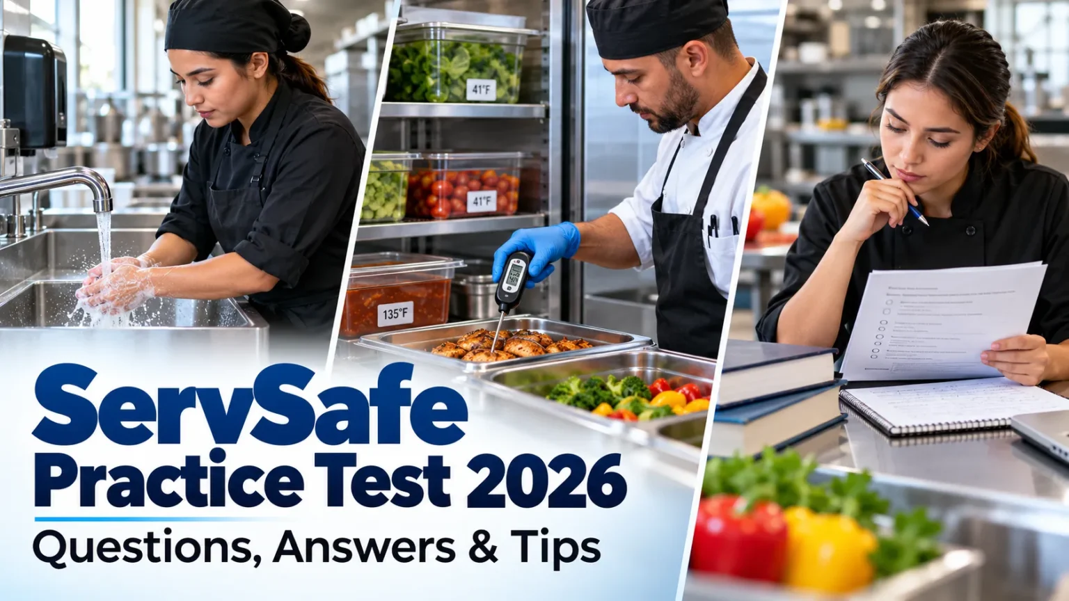 ServSafe Practice Test 2026 featuring food safety, handwashing, temperature checks, and exam preparation.