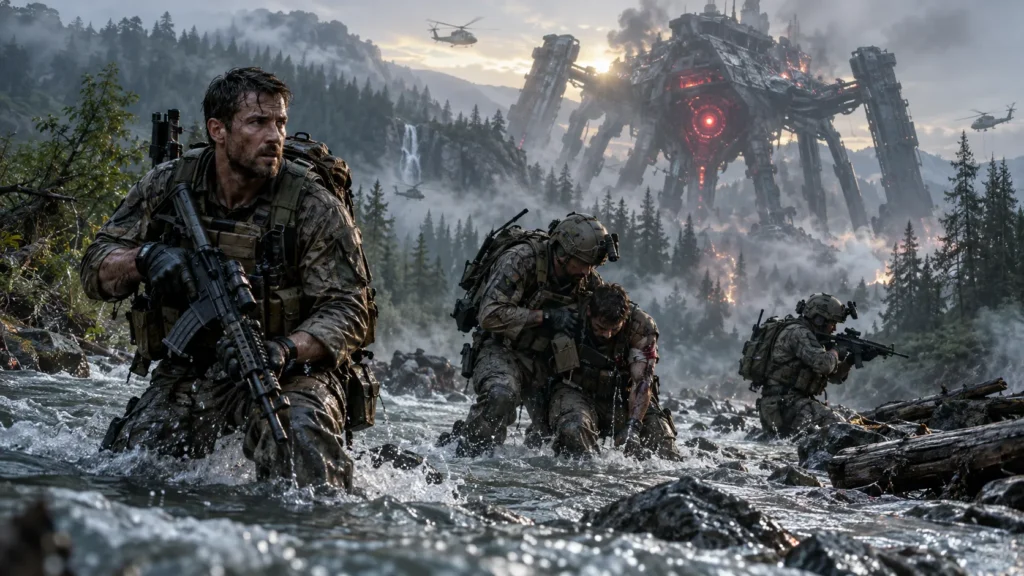 AI-generated cinematic scene inspired by War Machine (2026), showing soldiers crossing a dangerous river while escaping a giant mechanical alien threat.
