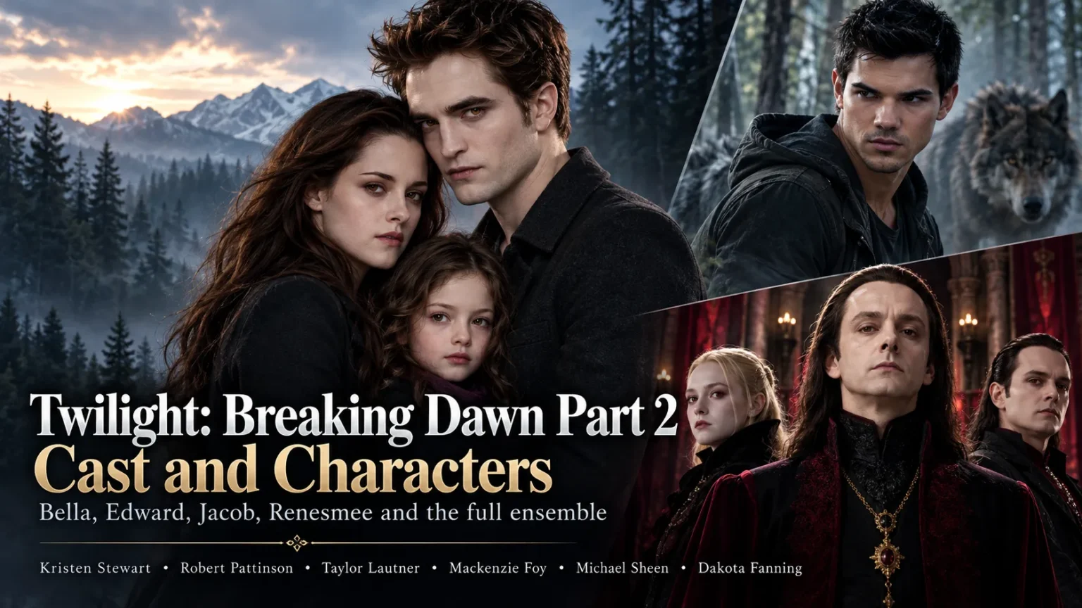 Twilight Breaking Dawn Part 2 cast featuring Bella, Edward, Jacob, Renesmee, and the Volturi.