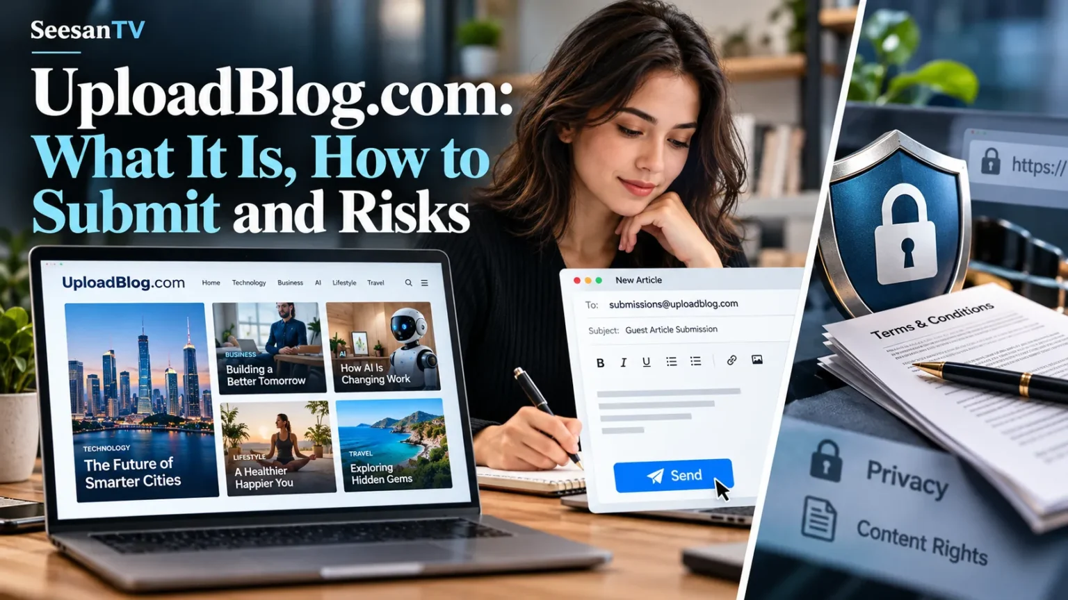 UploadBlog.com: What It Is, How to Submit and Risks Editorial illustration of UploadBlog.com showing an online magazine, guest article submission process, and website privacy and security risks.