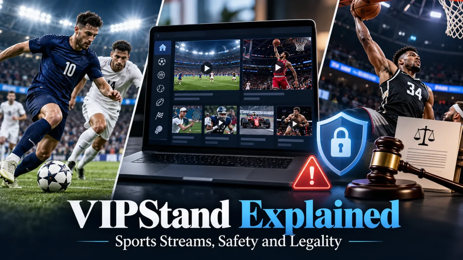 VIPStand Explained featured image showing football, basketball, a sports streaming platform, and security and legal symbols representing streaming safety and legality.