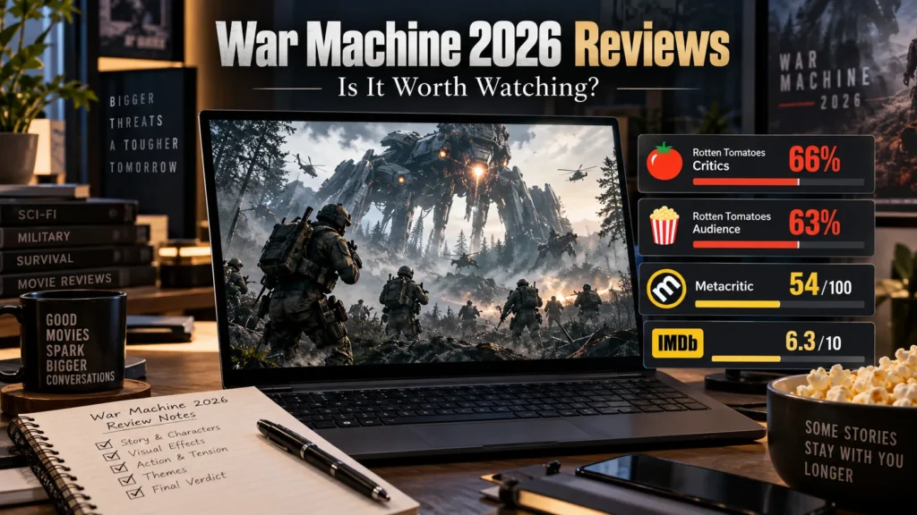 AI-generated War Machine 2026 reviews graphic featuring a military science-fiction scene, Rotten Tomatoes ratings, Metacritic score, and IMDb rating.