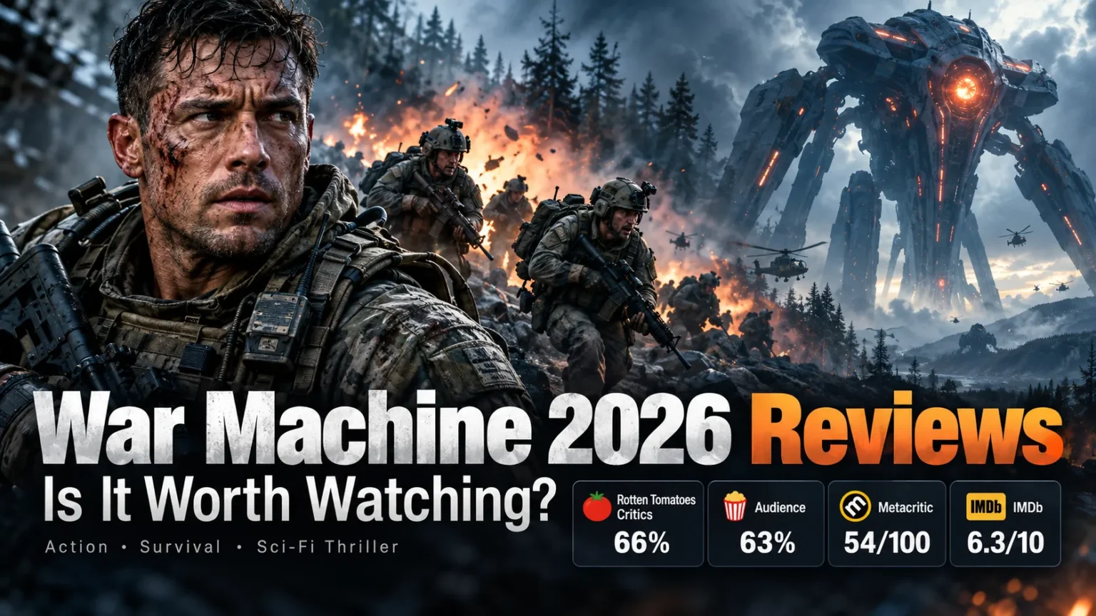 War Machine 2026 Reviews: Is It Worth Watching? AI-generated cinematic illustration for War Machine (2026) reviews, featuring a military soldier, intense battlefield action, and a giant alien war machine.